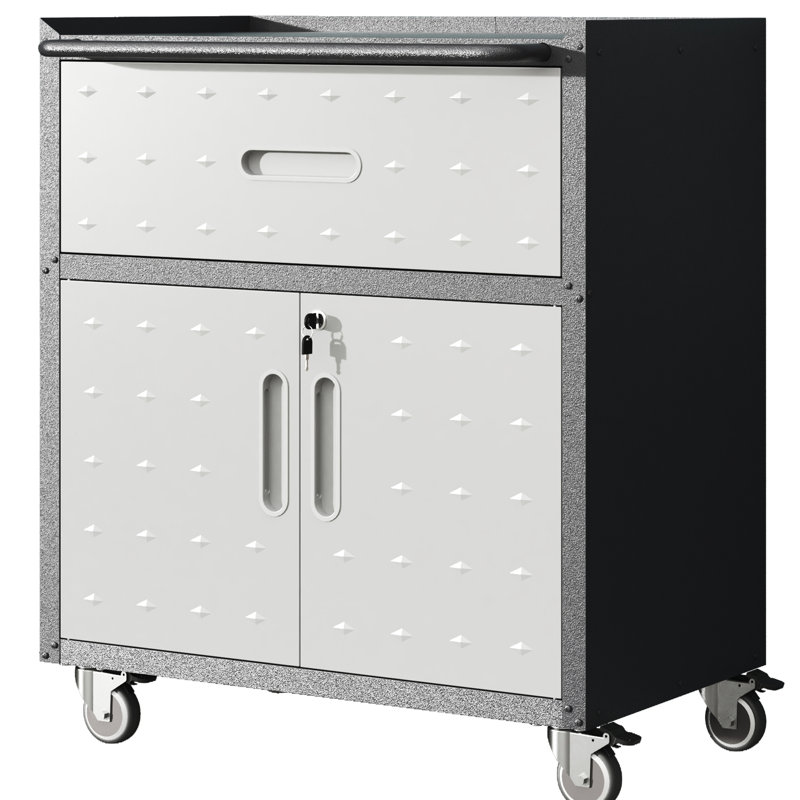Armoire à outils roulante pour garage en métal - l 30,26 po x P 17 po, H 35,13 po, 1 tiroir, 2 portes verrouillables, unité de rangement noire et grise avec roues