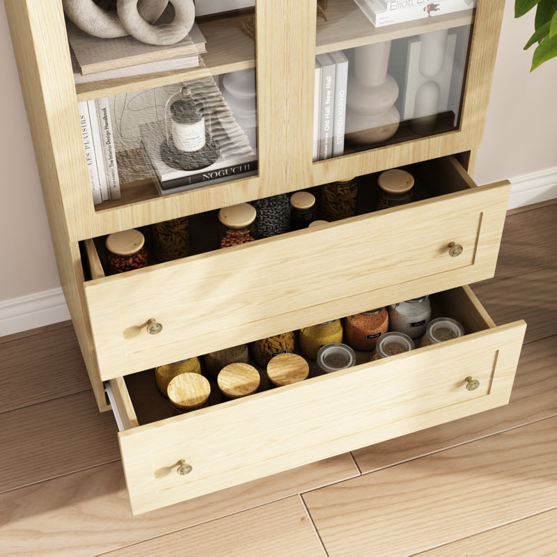  71'' Kitchen Pantry Storage Cabinet With Bookcases, Glass Display Doors, Drawers and Open Shelves(Set Of 3), Natural