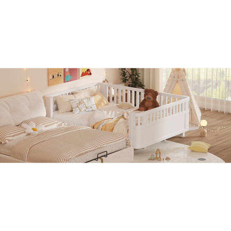 Grand lit plateforme en bois, grand lit en bois à profil bas avec rails pour filles et garçons, Blanc