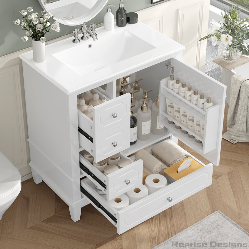 Armoire de meuble-lavabo autoportante 30 po avec lavabo en céramique, porte à fermeture douce, 3 tiroirs, White