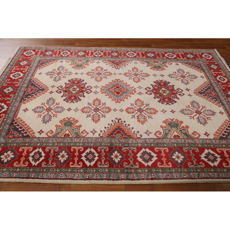 Tapis beige / rouge / brun en laine noué à la main de conception unique 5 pi 7 po x 8 pi 4 po New Age