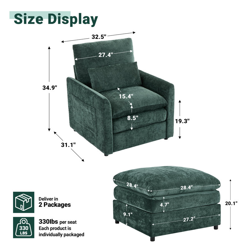 32.5''W Modern Upholstered Accent Chair With Ottoman, Green