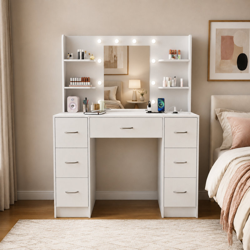 White Makeup Vanity With USB Charging, Power Outlet, Lighted Mirror, Vanity Desk With  3 Modes Adjustable Brightness Light for Bedroom