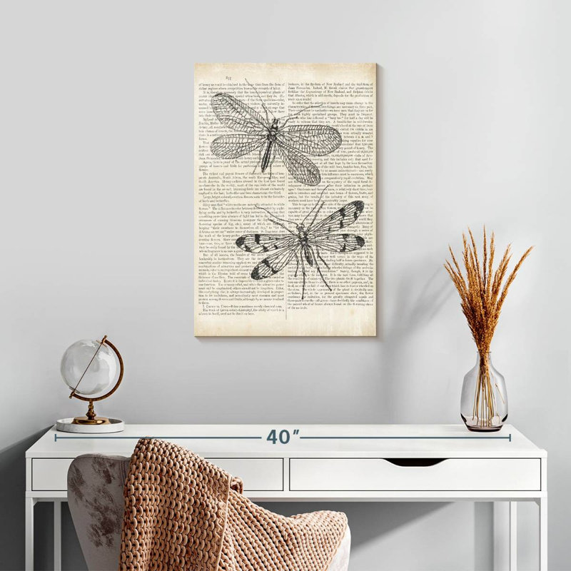 Libellules Brampt rétro sur papier journal, H 24 po x l 16 po