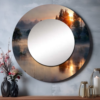 Morning Fog Over The Lake Sunset III - Landscape Lake Round Mirror Wall Decor