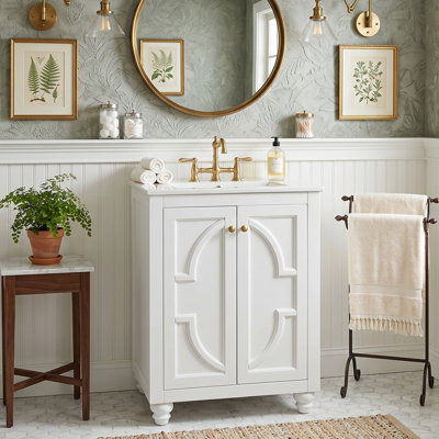 24" Neoclassical Bathroom Vanity Console with 4" Centerset Ceramic Sink, Elliptical Relief Double-Door Cabinet over Aerodynamic Slatted Grid & Carved Spindle Legs (White & Blue)