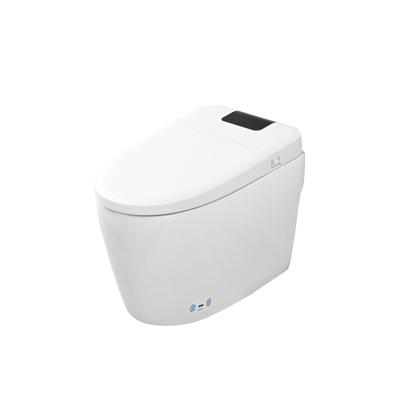 Toilette intelligente avec couvercle ouvert avec capteur de pied, siège chauffant, affichage à DEL, buse autonettoyante, nuit, fonction de chasse automatique à bouton latéral