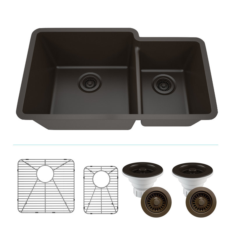 Évier de cuisine 32 po x 19 po en quartz, évier à double cuve 60/40, évier encastré, évier de cuisine encastré, évier de cuisine en granite, avec 2 grilles en acier et crépine, bride d'évacuation
