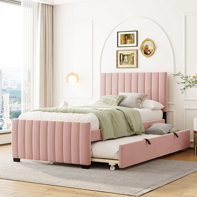 Lit plateforme tapissier en velours avec lit gigogne, Lit simple, Rose