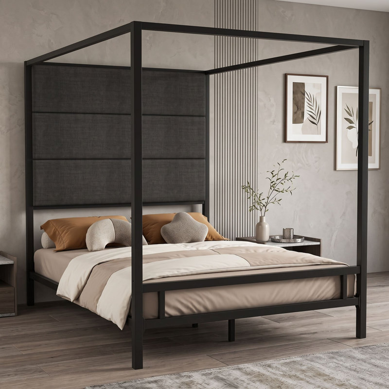 Lit à baldaquin en métal avec tête de lit tapissier, Grand lit, Noir