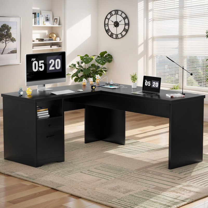 Swapan 56'' Lift Top L-Shaped Desk with Drawers and Power Outlets, Executive Desk, Black