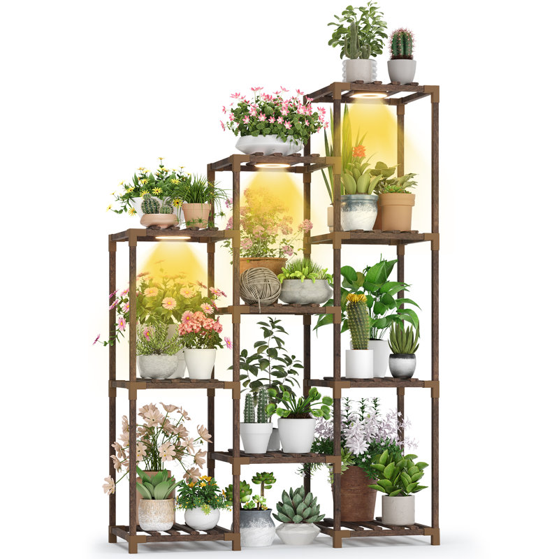Support pour plante d'intérieur en bois à 4 niveaux avec lumière de croissance pour balcon, salon ou coin