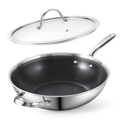 Cooks Standard Hybrid Multi-Ply Clad 12 Inch Stainless Steel Wok with Lid, Nonstick Flat Bottom Stir Fry Pan, Deep Frying Pan, Dishwasher & Oven Safe, Induction Ready, Compatible with All Stovetops