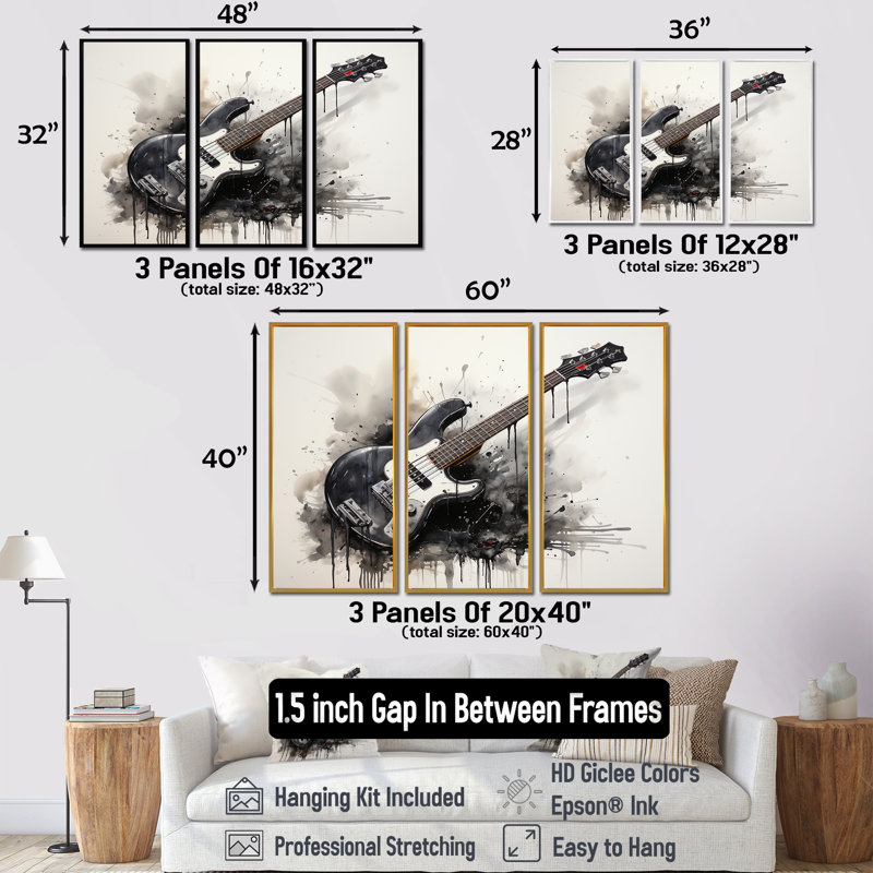 «Brown Charcoal Guitare Vibations II», art mural musique, H 32 po x l 48 po, Cadre flottant brun