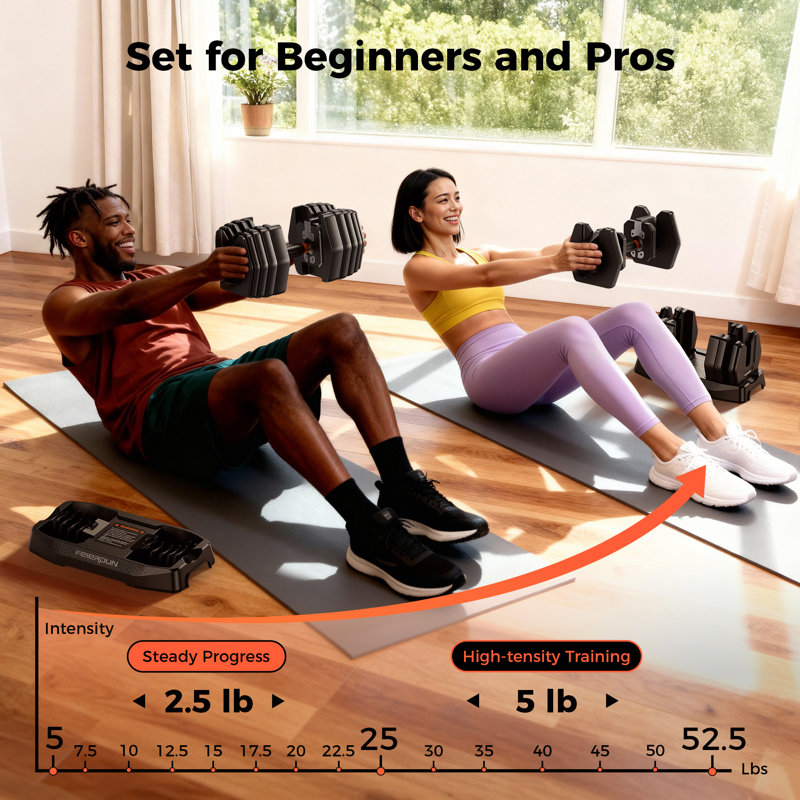 Feierdun Db1 Quick Adjustable Dumbbell Set – 15-level Adjustable Weights (5–52.5 Lbs), Alloy Steel Construction, Space-saving Home Gym Strength Training