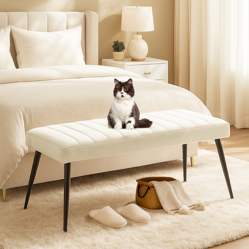 Velvet Upholstered Bench, Beige
