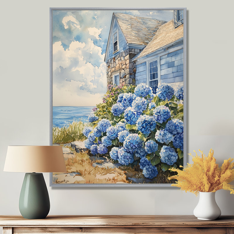 Ayanguans d'hortensias au bord de la mer - hydrangées, art mural, H 32 po x l 16 po, Reproduction avec cadre flottant