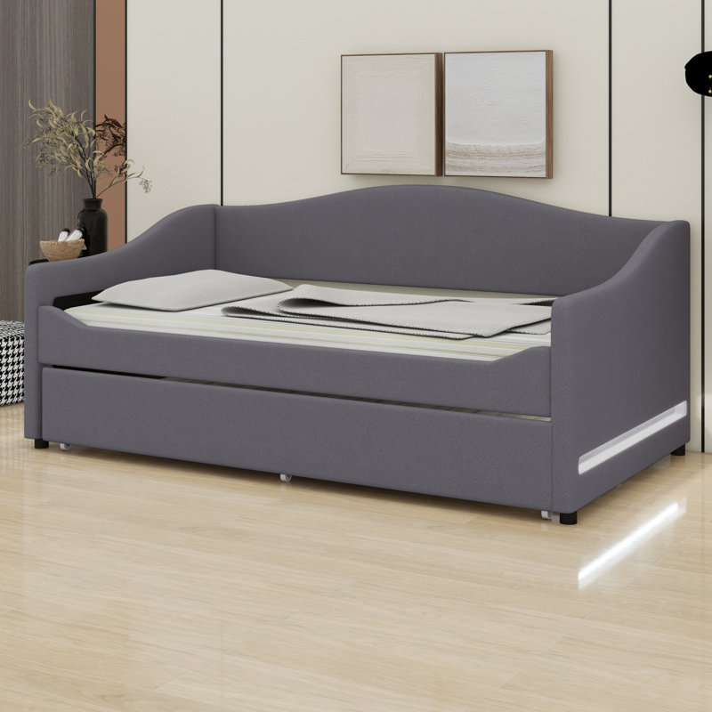 Upholstered Daybed With Light And Trundle, Twin, Gray