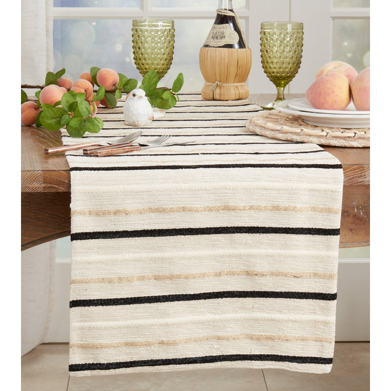 Black and Beige Cotton Striped Table Runner, 16" x 72"