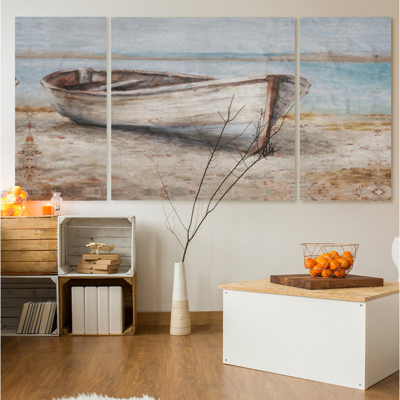 " Embellished Whitewashed Boat " 3 - Pieces, 24" H x 48" W x 1.5" D