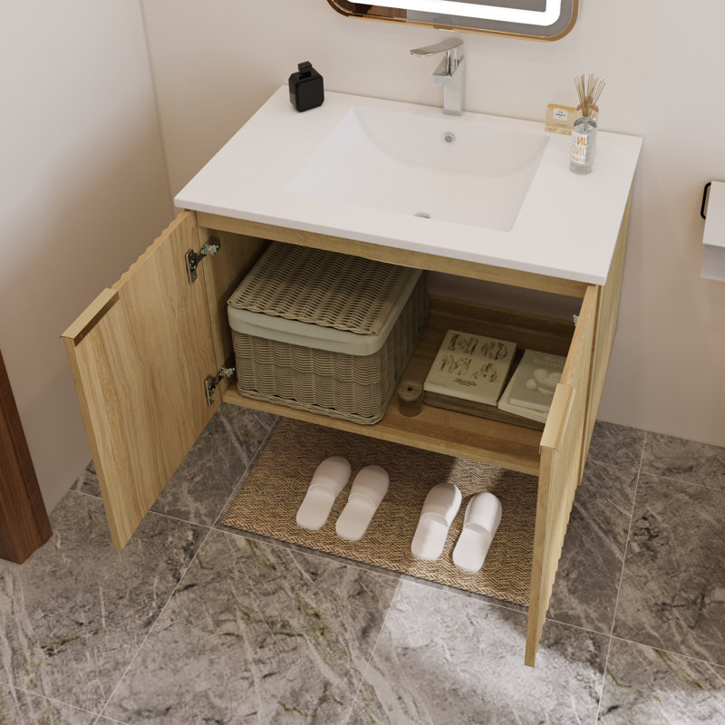 Meuble-lavabo moderne 30 po avec lavabo et portes ondulées texturées - Cabinet flottant mural, nature, 30 po - avec lavabo