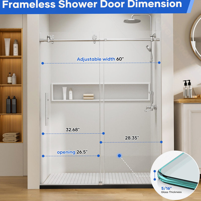 Porte de douche coulissante simple sans cadre avec quincaillerie en acier inoxydable