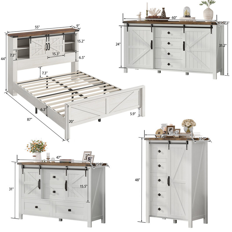  4-piece Farmhouse & Barn Door Design Bedroom Set, Full Size, White, White/Oak, Full / Double