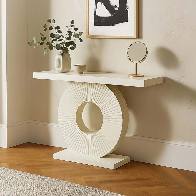 Console, plateau rectangulaire blanc de 39 pouces, base à motif géométrique