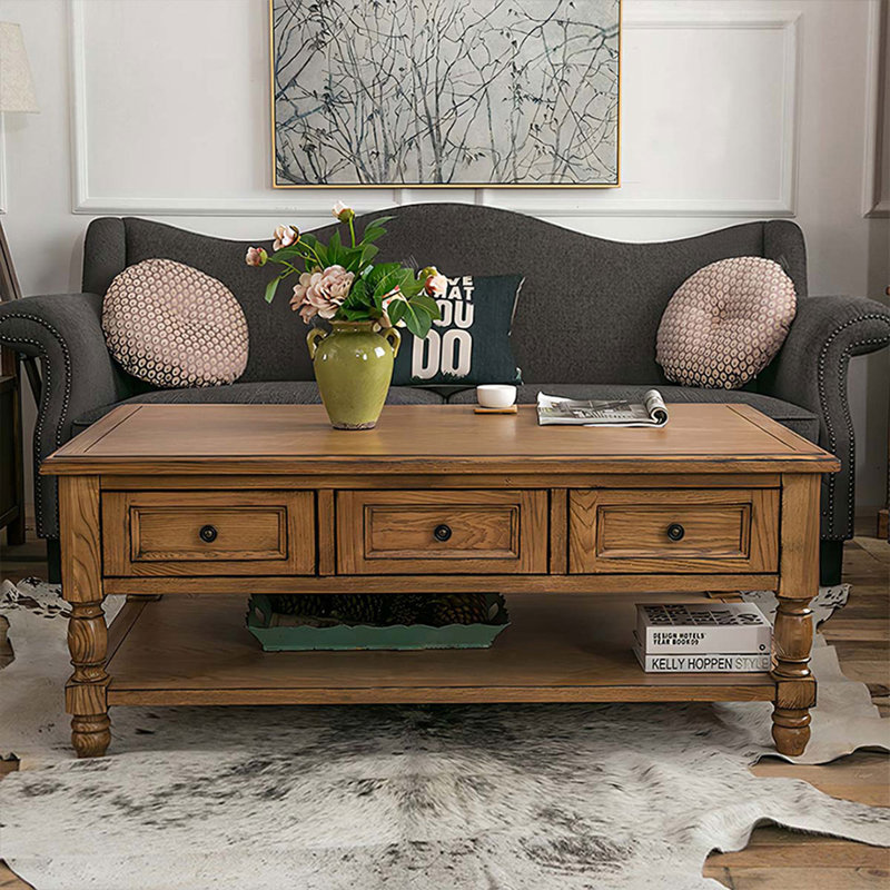 Retro Solid Wood Rectangular Coffee Table, Brown