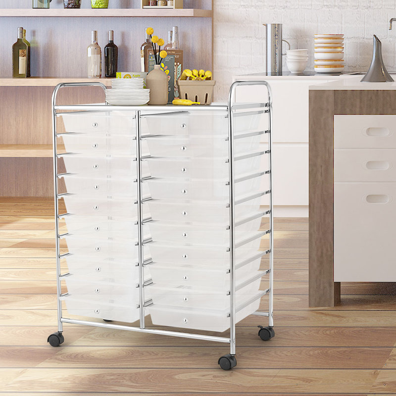 Clear 20-Drawer Rolling Organizer Cart with Chrome Frame