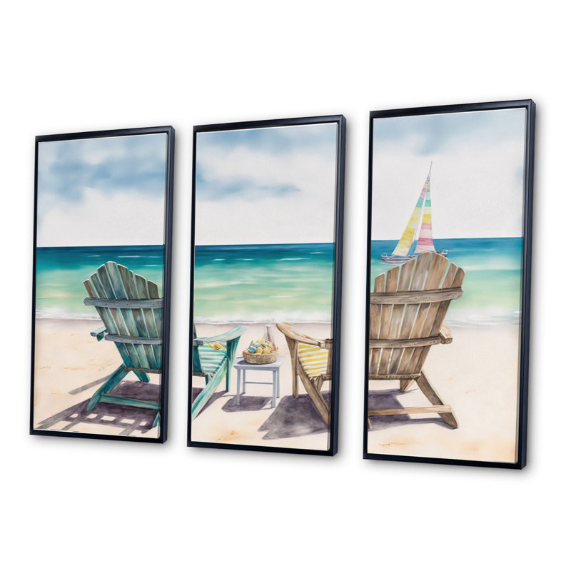 Argens Relax At The Beach III - impression de 3 pièces, Cadre noir, H 28 po x l 36 po x P 1 po