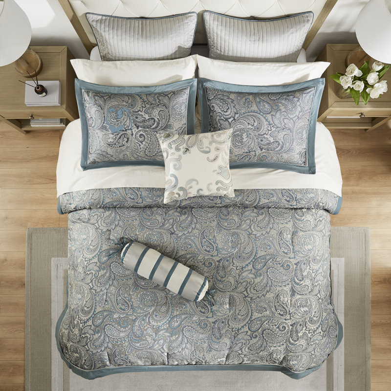 Ensemble d'édredon 12 pièces avec draps en coton, Rétro bleu sarcelle, Ensemble de draps pour très grand lit
