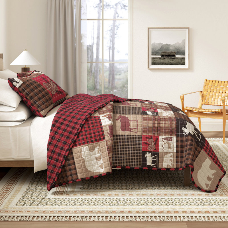 Ensemble de courtepointe réversible en microfibre Lodge Woodland and Patchwork, Pruche rouge / brun nature