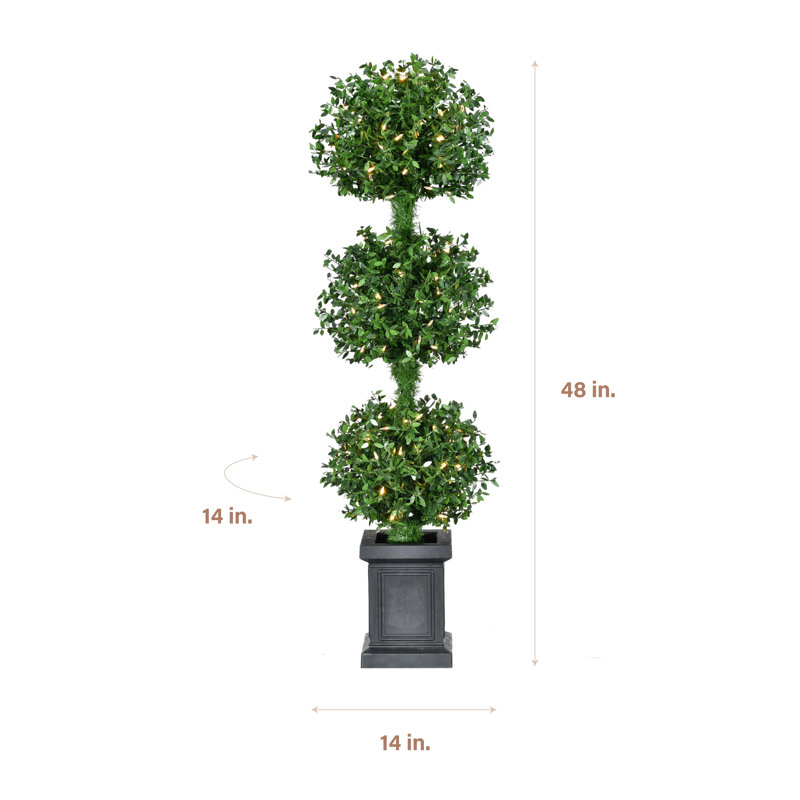 Fraser Hill Farm All Season 4-Ft. Boxwood 3-Ball Topiary with Black Pot and Warm White LED Lights