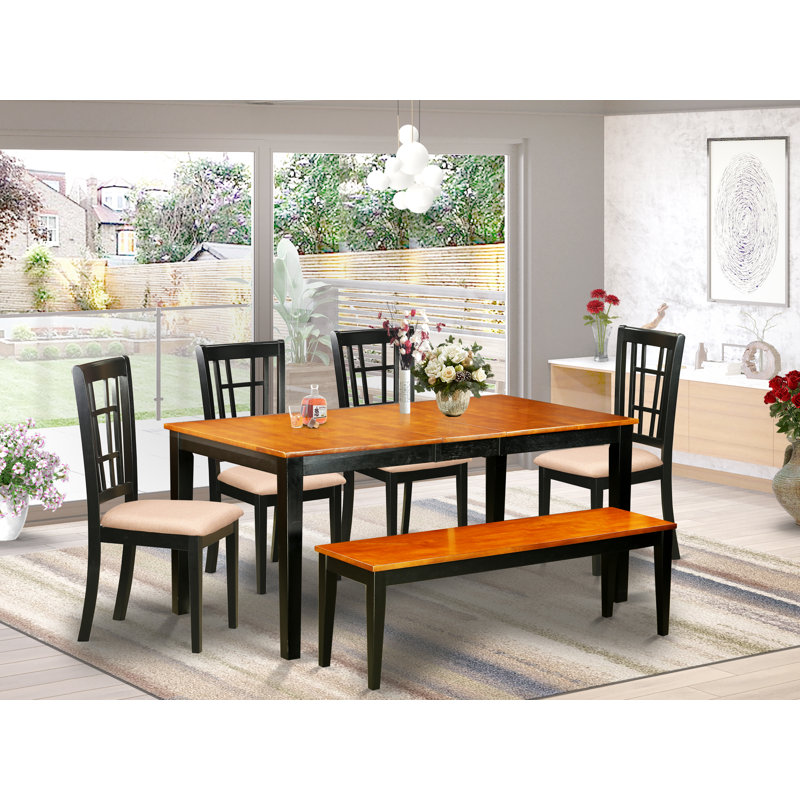 6 Piece Kitchen Table Set Contains a Rectangle Dining Table with Butterfly Leaf and 4 Linen Fabric Dining Chairs with a Bench, Black & Cherry