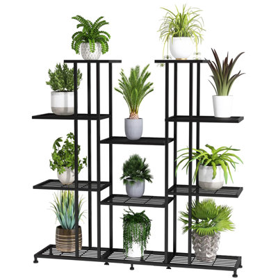 Support pour plante à 9 niveaux et 17 pots en métal, pour l'intérieur et l'extérieur, avec un design décoratif en acier noir