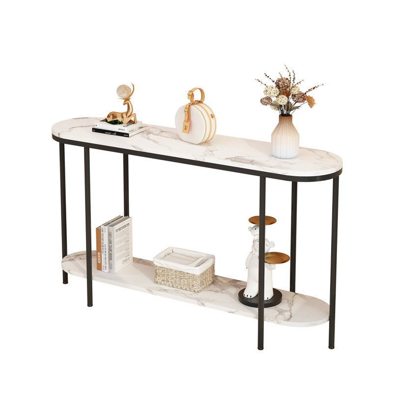 42" 2-Tier Faux Marble Console Table, Narrow Entryway Sofa Table with Metal Frame for Small Spaces, Black