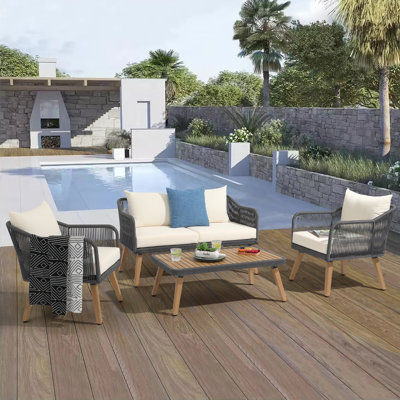 Zaniyah Solid Wood 4 - Person Seating Group with Cushions by George Oliver