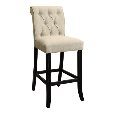 Chaise de salle à manger rustique de 2 pièces, tissu chenille beige avec dossier à volutes et pieds noirs antiques pour le style de pièce