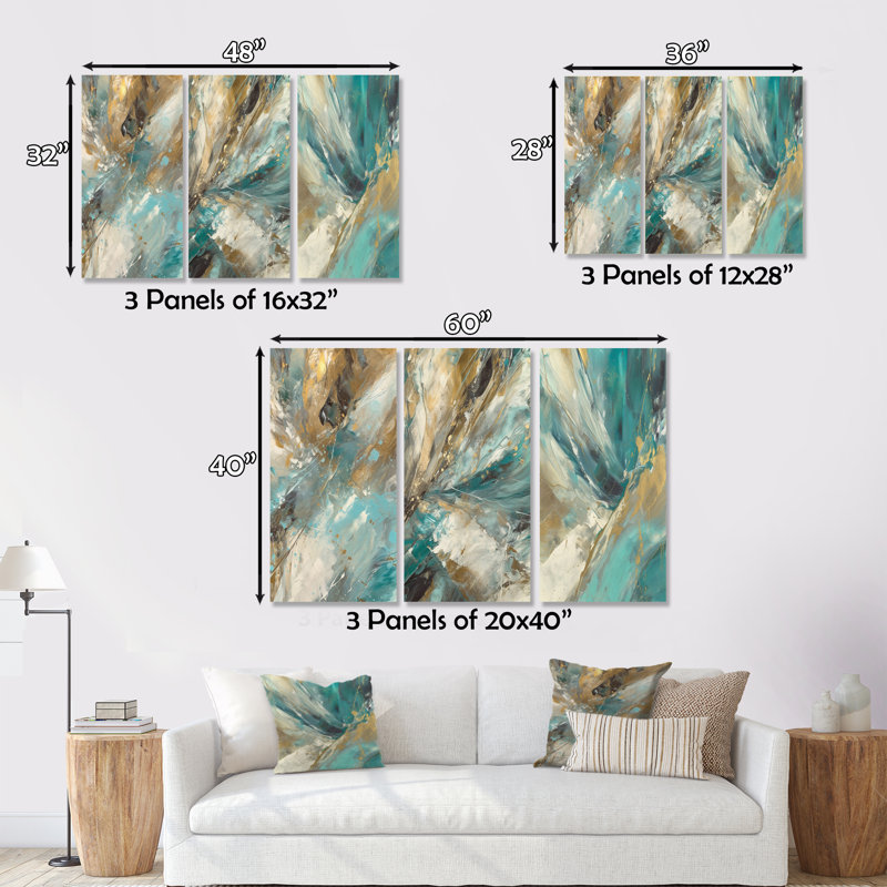 «Golden Hour In Turquoise Waves I» sur toile, reproduction de 3 pièces, H 28 po x l 36 po x P 1 po