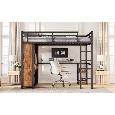 Queen Size Loft Bed Frame With Built-In Wardrobe, Metal Loft Bed With Desk And Storage Shelves, Woodgrain
