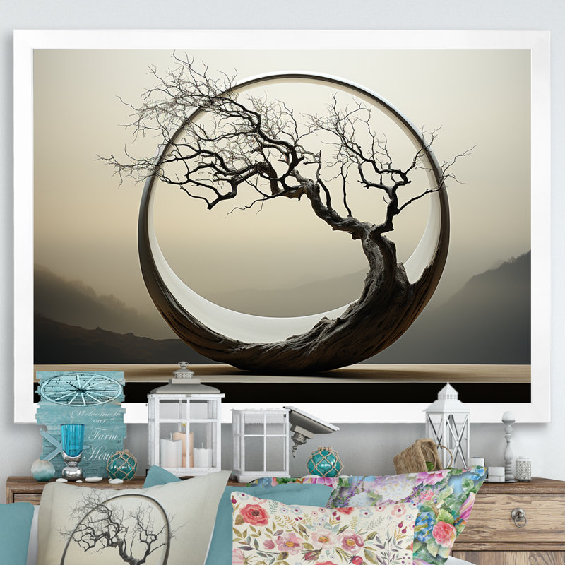 Reproduction sur toile «Bonsai», Japon, Cadre simple blanc, H 34 po x l 44 po x P 1,5 po