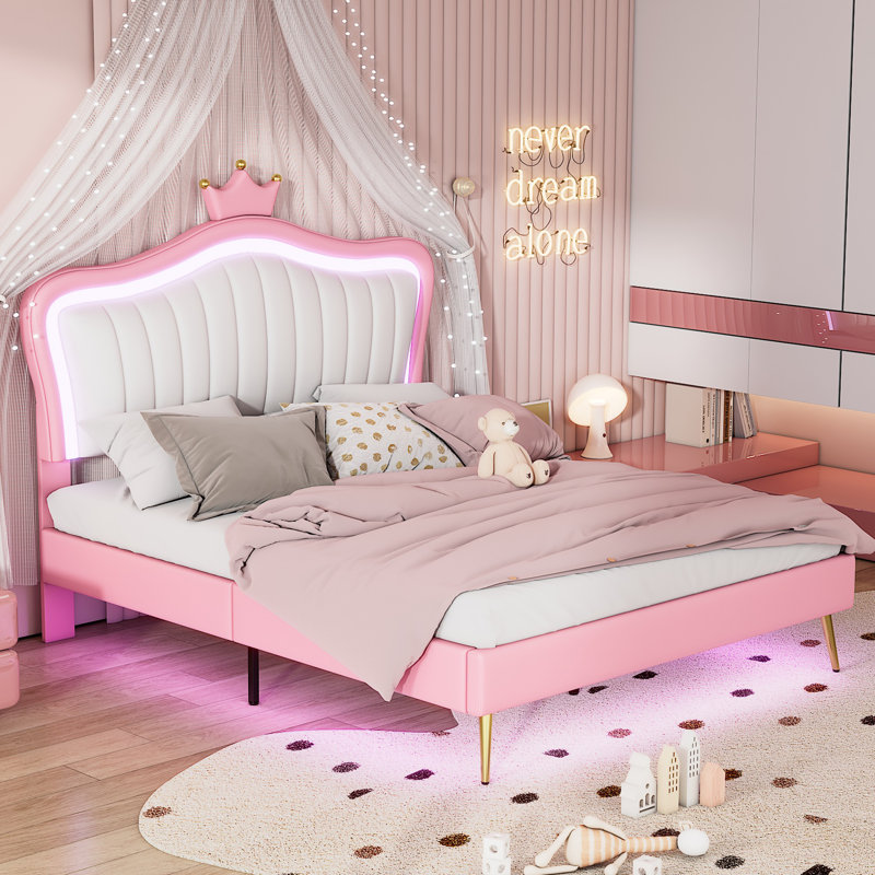Eleni Modern Modern Upholstered Princess Bed With Crown Headboard and LED Lights, White, Queen