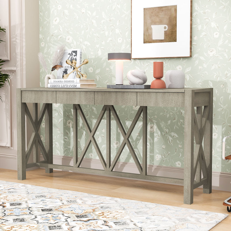 60-Inch Wood Console Table with Spacious Drawers, X-Leg Design, Gray