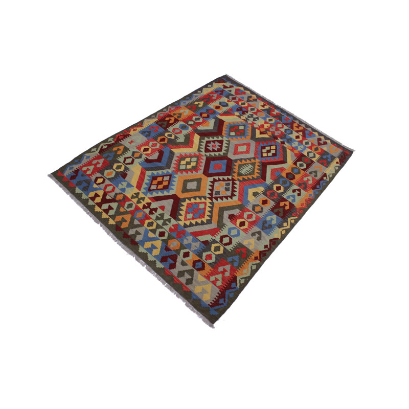 Tapis bleu / brun / vert en laine à motif géométrique fait à la main 5 pi 9 po x 7 pi 9 po Madee