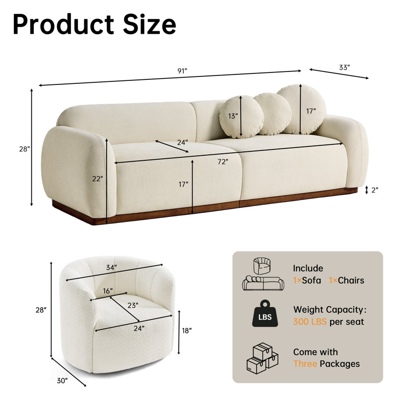 Ensemble de salon 2 pièces beige: canapé en chenille de 90 po avec coussins et fauteuil décoratif pivotant à 360 °