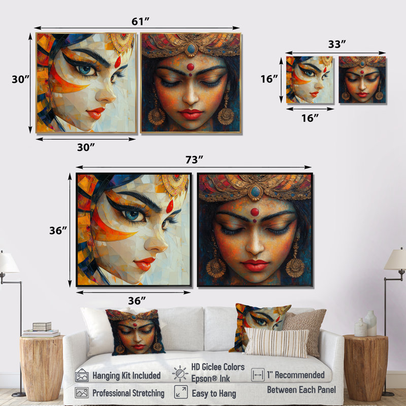 «Red Durga's Force Hindu Art I», art mural indien, ensemble de 2 décorations murales, Noir, H 36 po x l 73 po