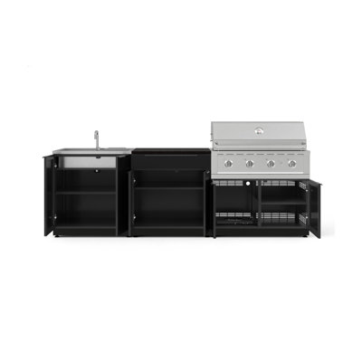 Ensemble de cuisine extérieure en aluminium noir, 5 pièces, comprenant un bar, un barbecue, un meuble-évier, un barbecue haute performance au propane de 101,6 cm (40 po) et un comptoir en pierre reconstituée noire de 81,3 cm (32 po).