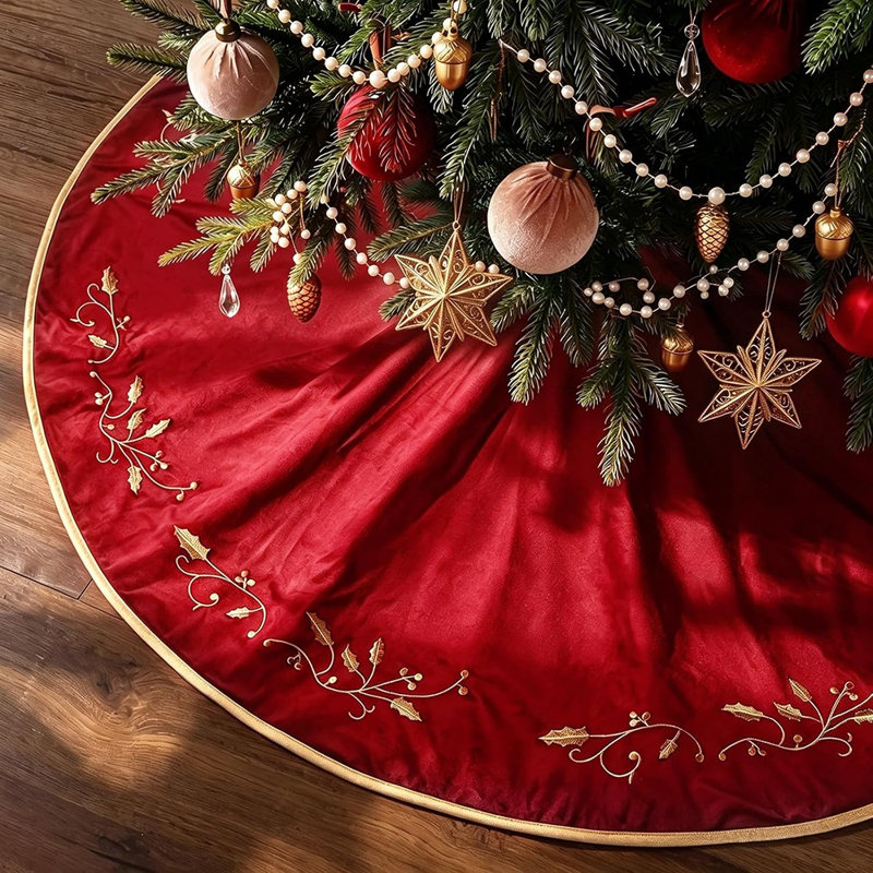 Jupe de sapin de Noël en velours rouge luxueux avec feuilles de houx brodées dorées – Décoration rustique pour le pied du sapin