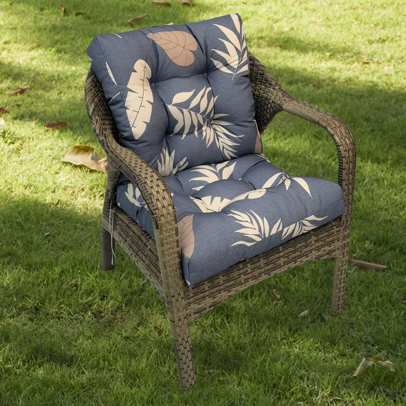Outdoor Seat/Back Chair Tufted Cushion,All-Weather Patio Chair Cushion With Ties,For Patio Furniture, Gray Blue/Gold